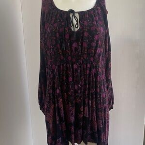 Free People Black and Purple Floral Long Sleeve Dress